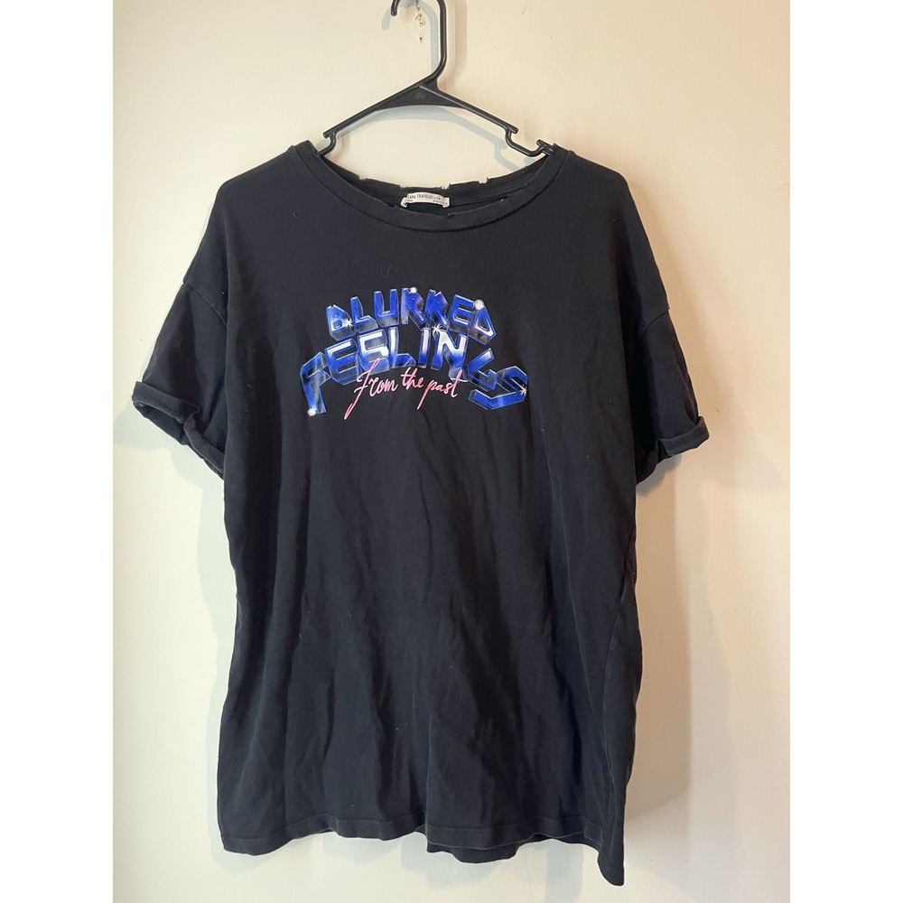 Zara Trafaluc Distressed T Shirt Blurred Feelings 3D‎ Graphic Mens Small Black